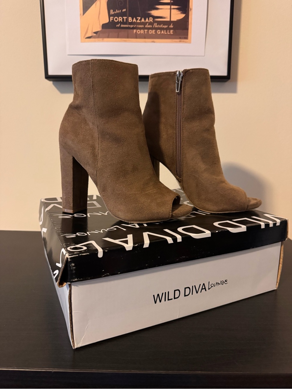 WILD DIVA Lounge Taupe Suede Peep-Toe Ankle Boots